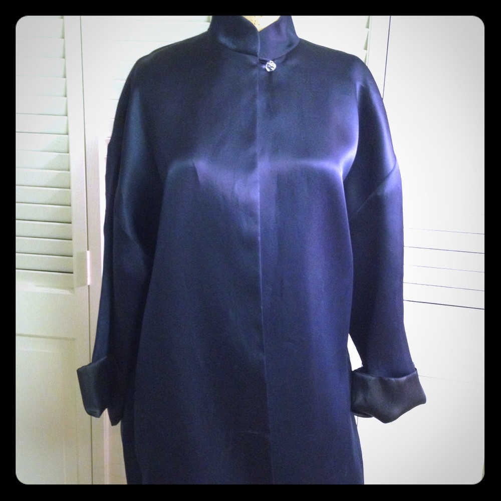 Sylvia Heisel Navy Blue Satin Long Coat